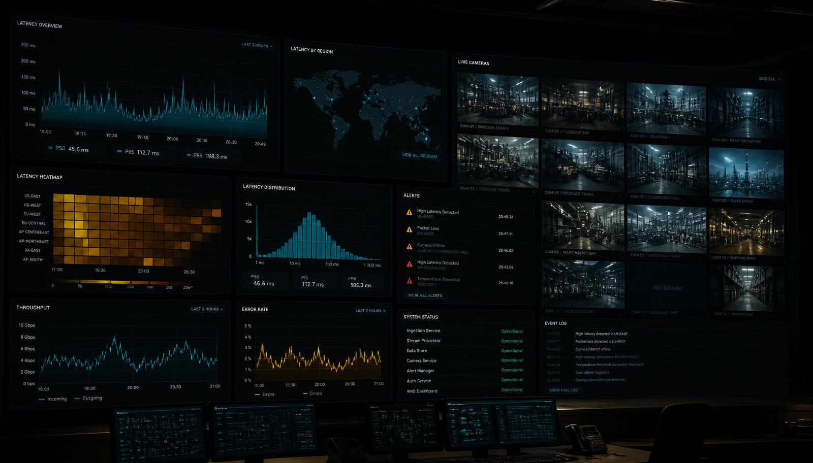 Industrial monitoring wall showing latency charts, alerts, and a grid of live camera feeds