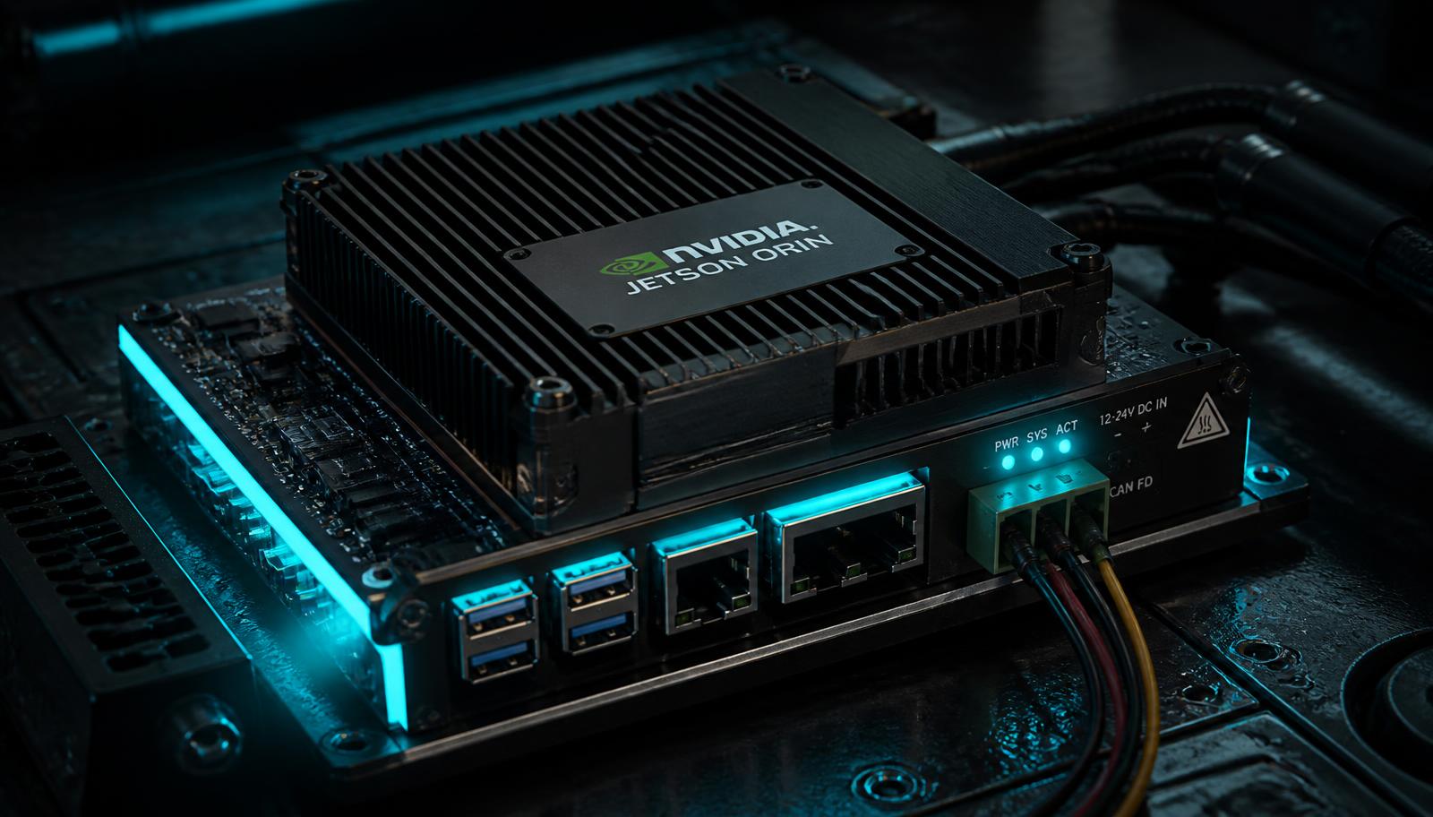 Embedded GPU edge module with heatsink and cyan indicator lights on an industrial workbench