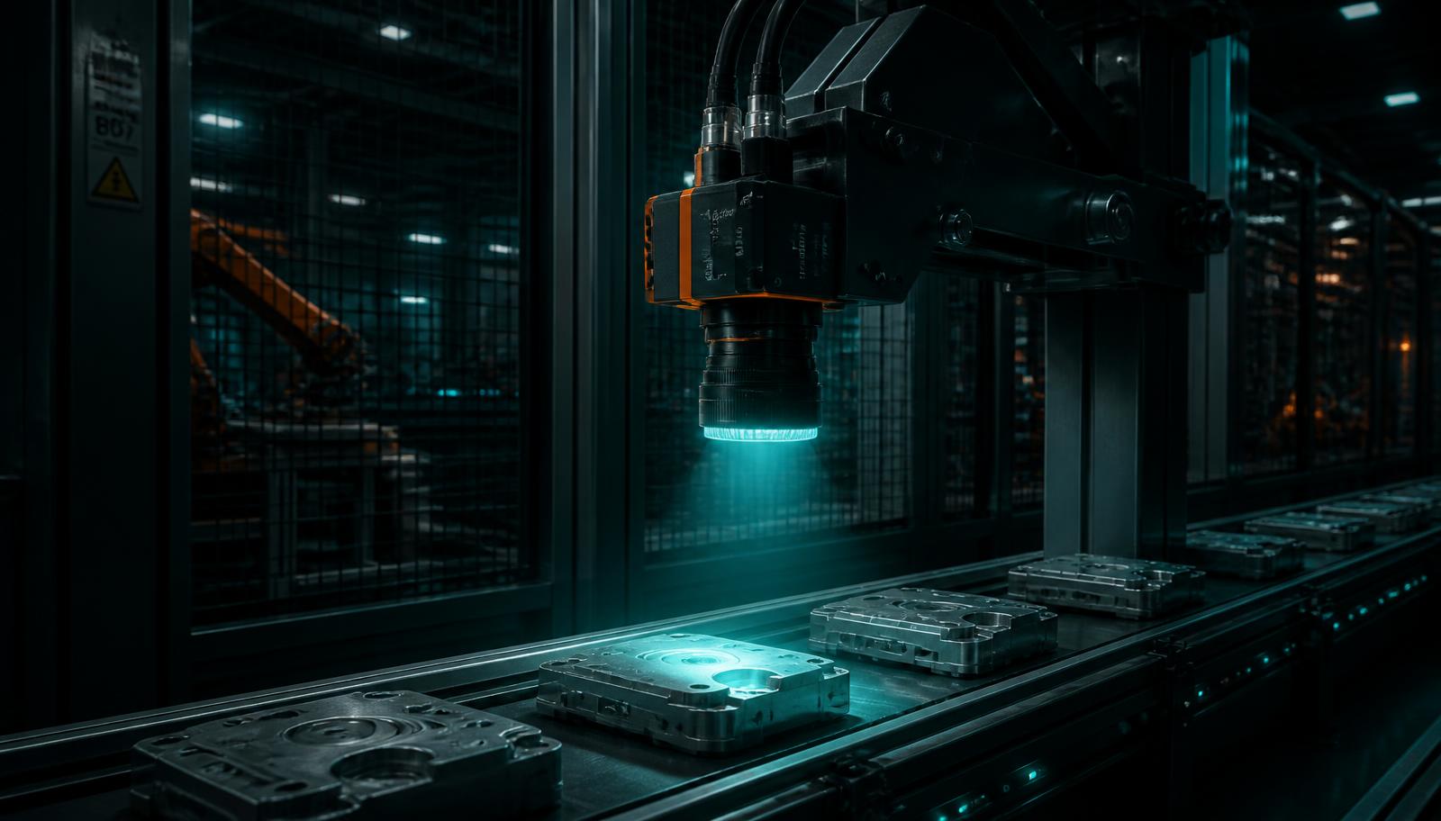 Industrial machine vision camera mounted above a conveyor line in a dark factory hall