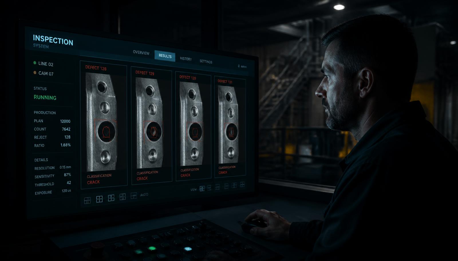 Line operator reviewing an industrial inspection interface showing flagged defect images